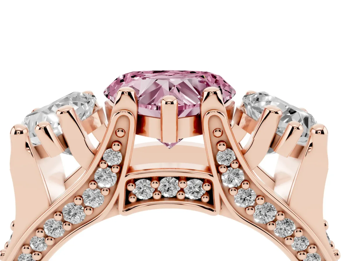 Fancy Pink Heart Cut Diamond Three-Stone Ring with Channel Set Band and Four-Prong Setting Rose gold