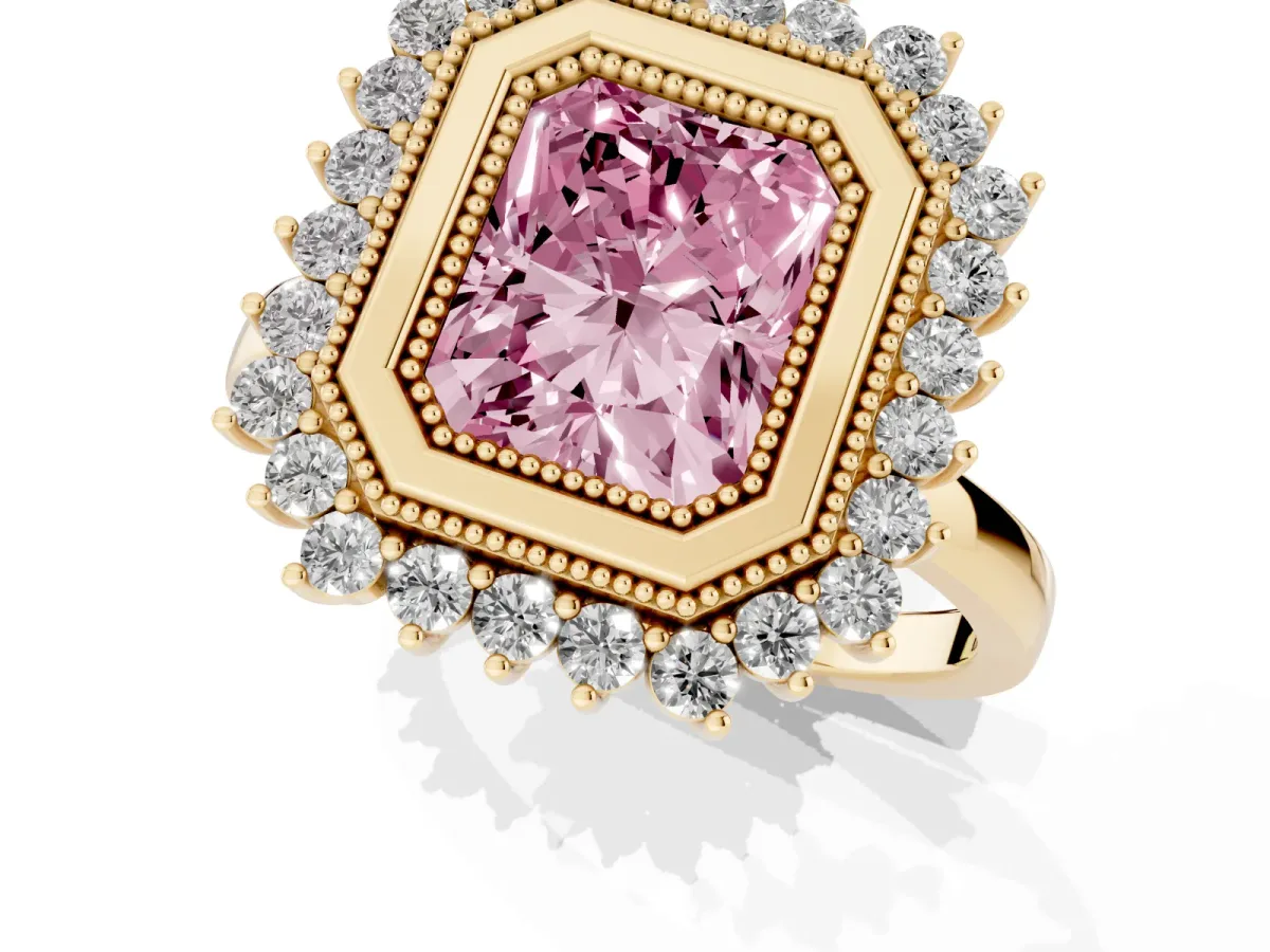 Fancy Pink Radiant Cut Halo Diamond Ring with Milgrain Edge and Round Prong Setting Yellow gold