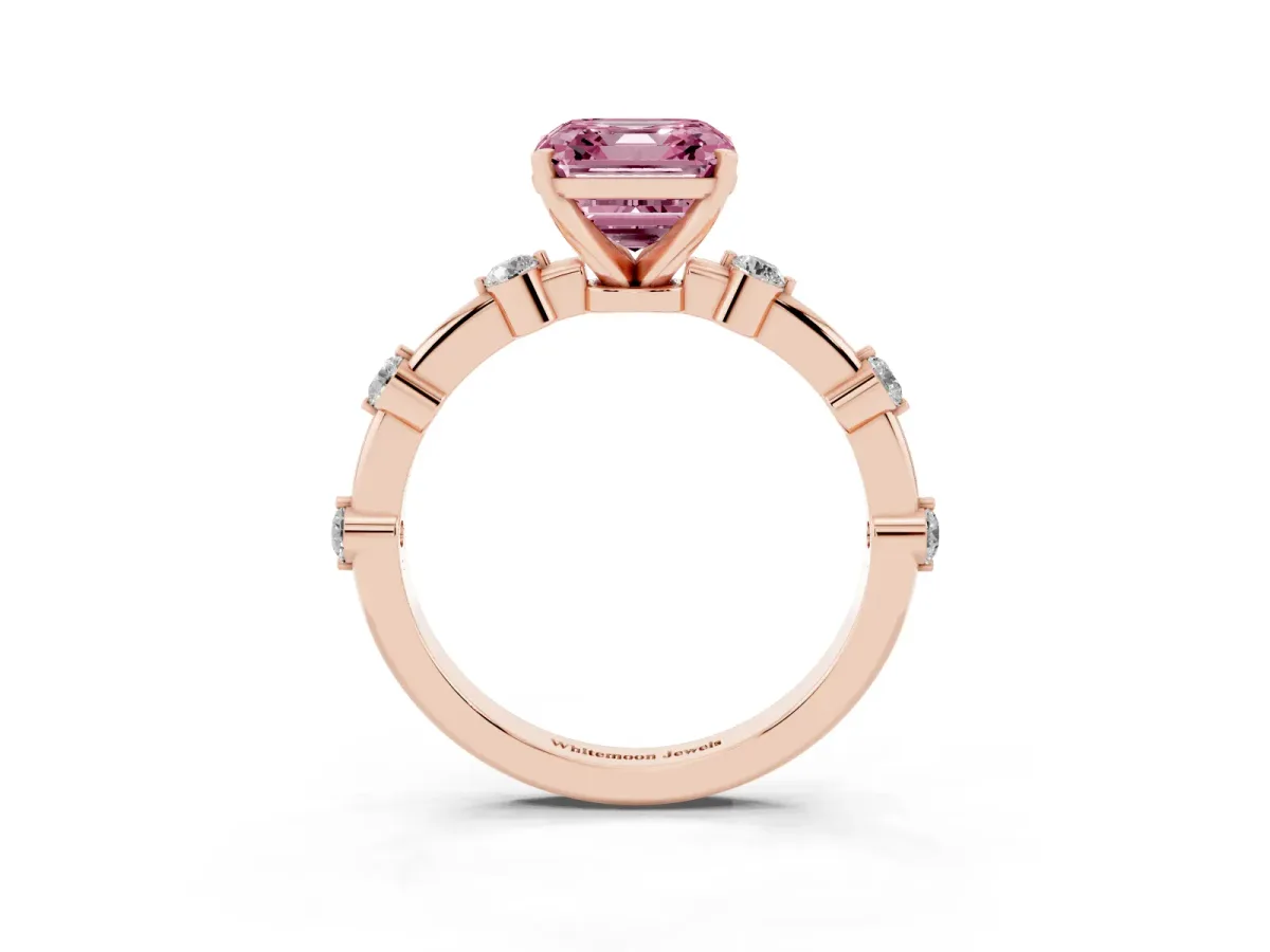 Fancy Pink Asscher Cut Solitaire Diamond Ring with Bezel Set Side Stones and Prong Setting Rose gold