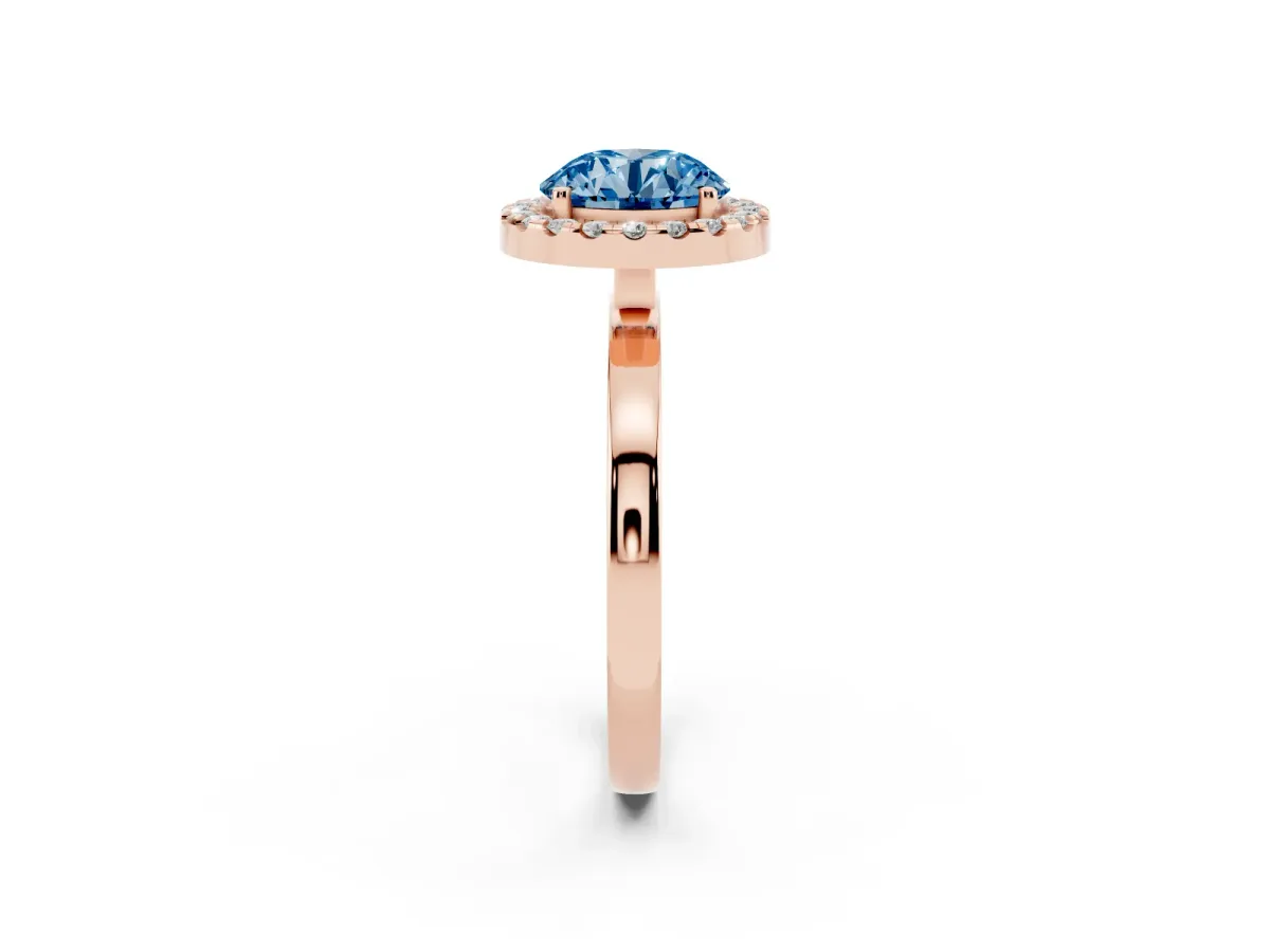 Fancy Blue Round Cut Halo Diamond Solitaire with Pavé Band and Four-Prong Setting Rose gold