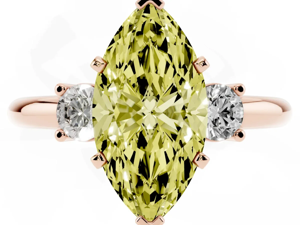 Fancy Yellow Three-Stone Marquise Cut Cut Diamond Solitaire with Prong Setting and Classic Band Rose gold