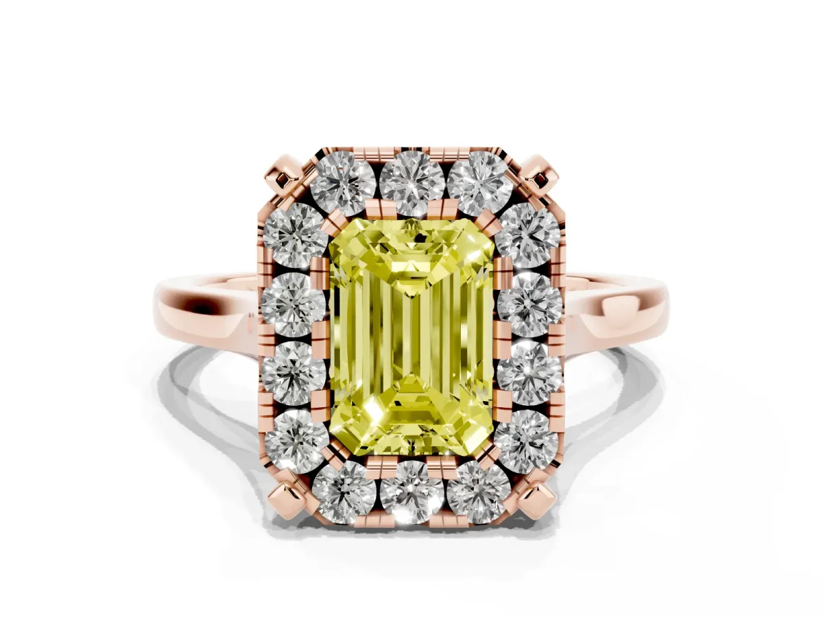 Fancy Yellow Emerald Cut Diamond Cluster Halo Solitaire with Four-Prong Setting Rose gold