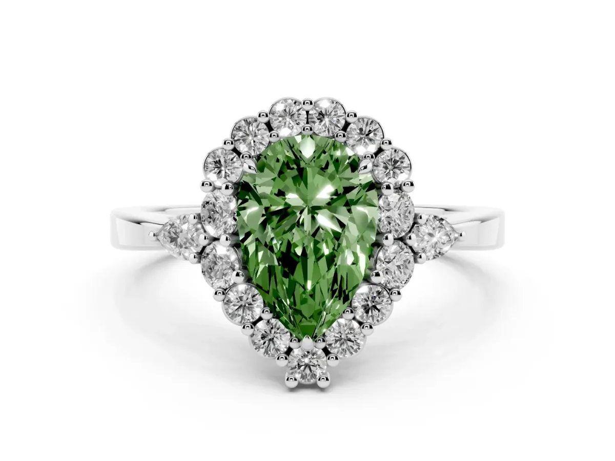 Fancy Green Pear Cut Diamond Halo Ring with Pear Side Stones and Prong Setting Silver