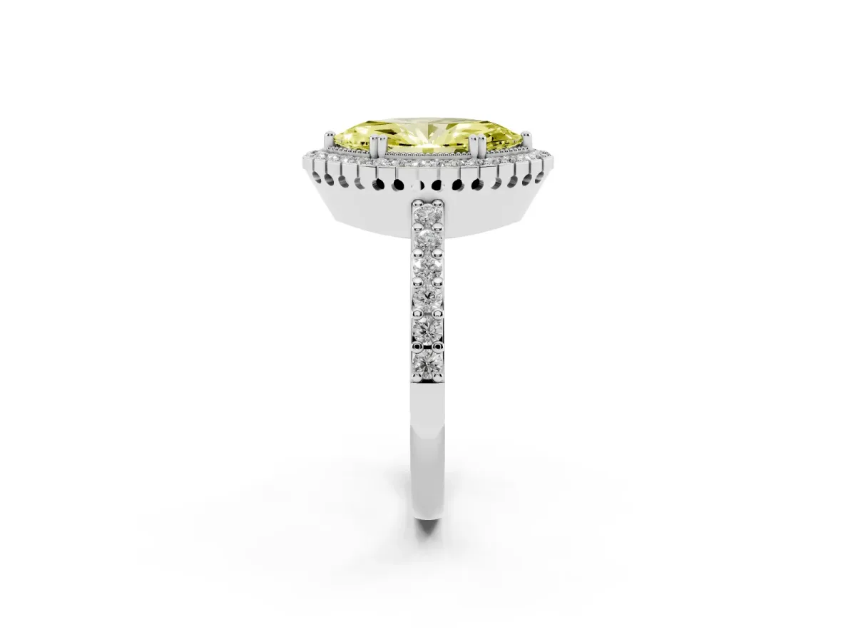 Fancy Yellow Marquise Cut Cut Diamond Halo Engagement Ring with Milgrain Detail and Pavé Band Silver