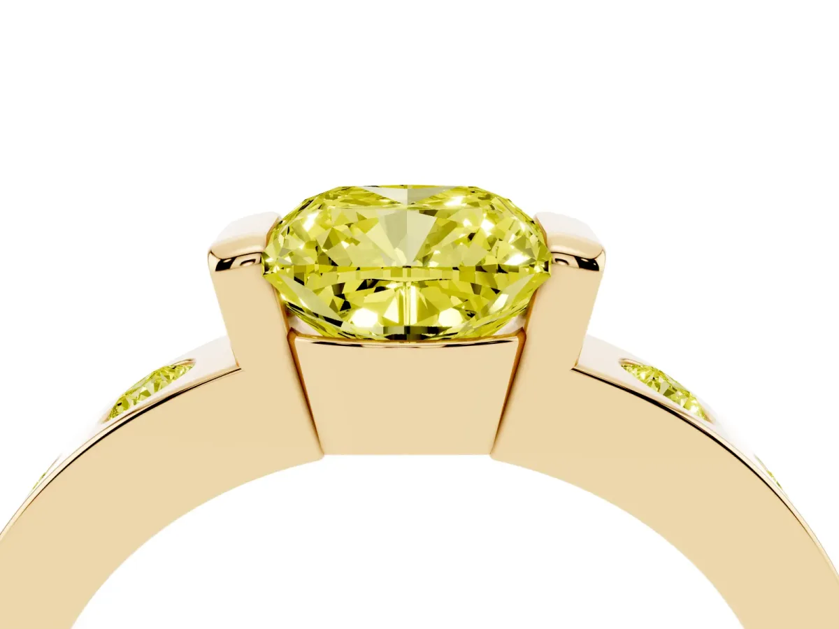 Fancy Yellow Cushion Cut Brilliant Channel-Set Diamond Ring with Bezel Prong Setting Yellow gold