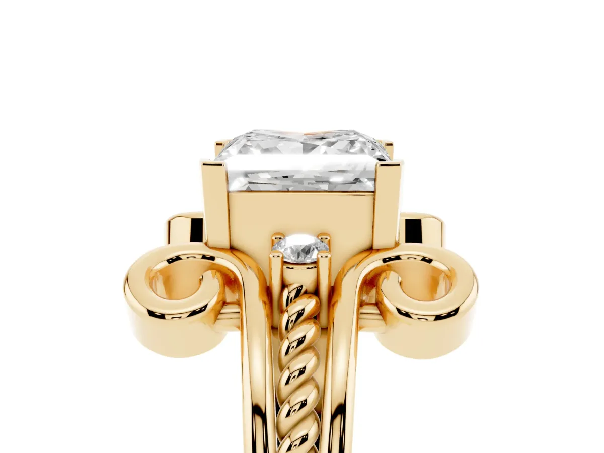 Princess Cut Solitaire Twisted Band Scroll Prong Ring Yellow gold