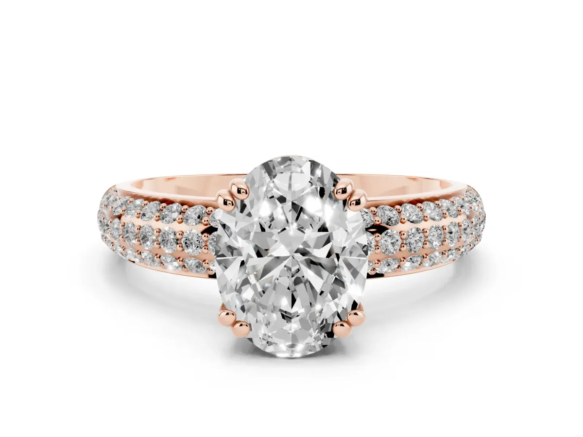 Oval Cut Diamond Solitaire Ring with Multi-Row Round Pavé Band and Prong Setting Rose gold