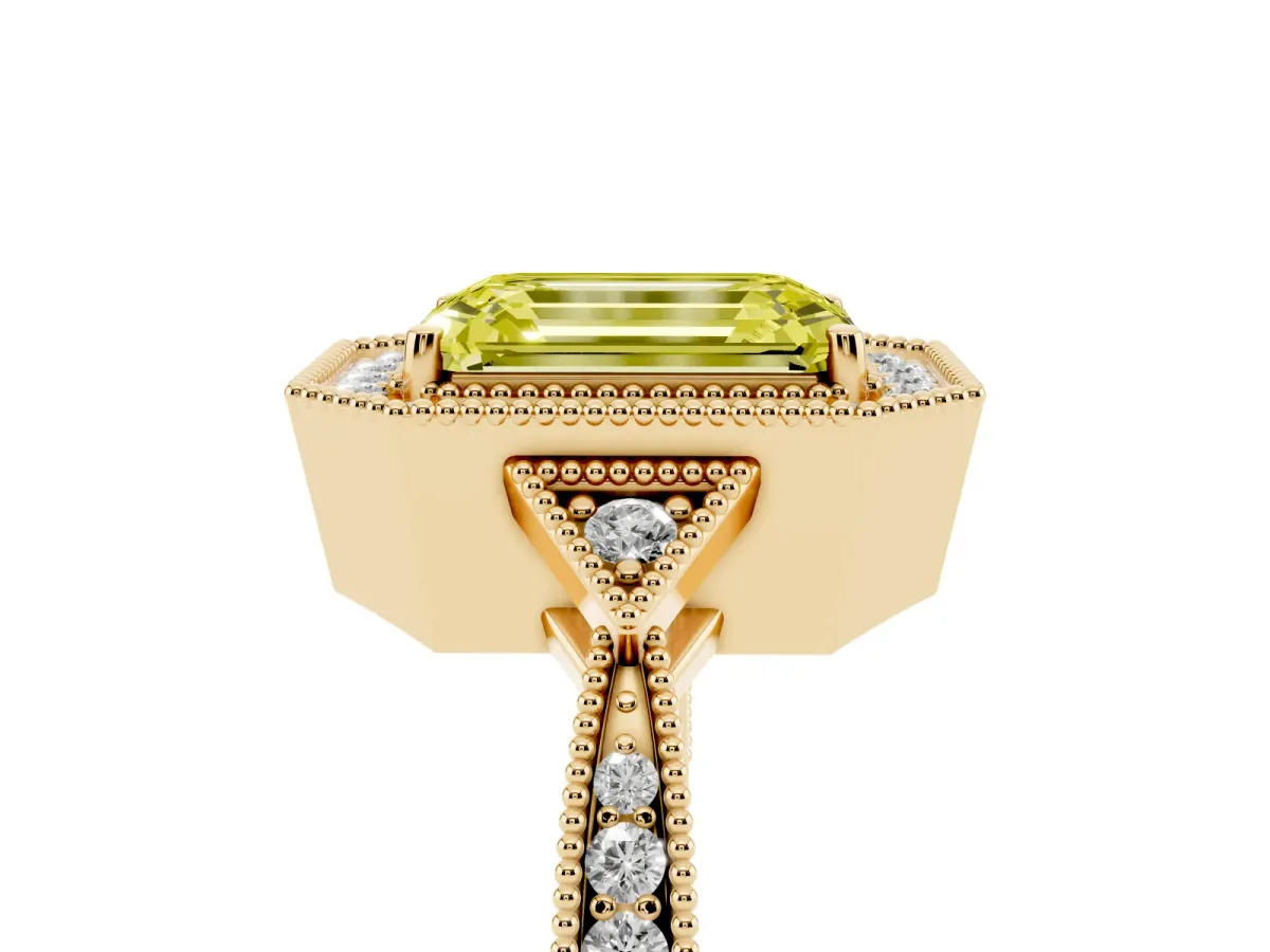Fancy Yellow Emerald Cut Halo Round Diamond Milgrain Pave Engagement Ring Yellow gold