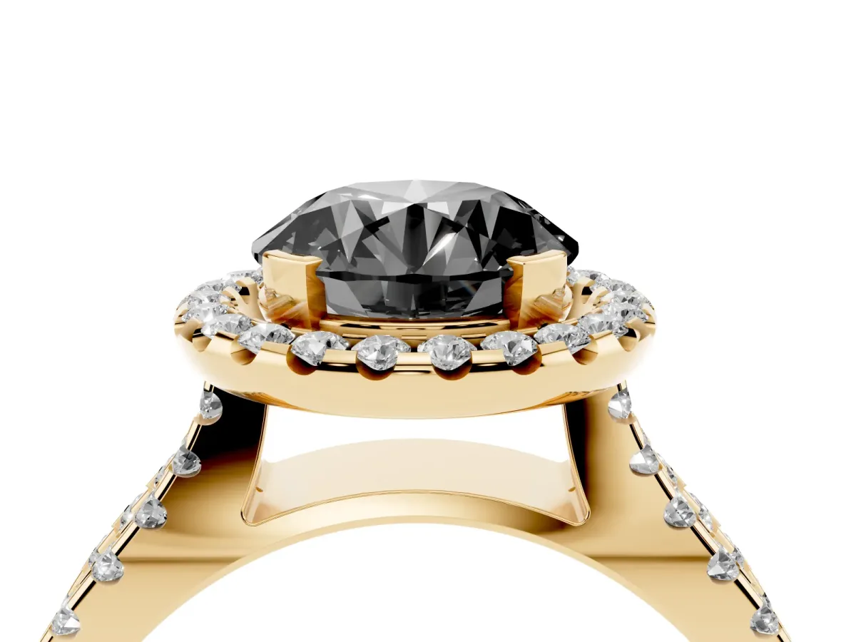Fancy Black Round Cut Diamond Halo Ring with Split Shank Pavé Band and Prong Setting Yellow gold