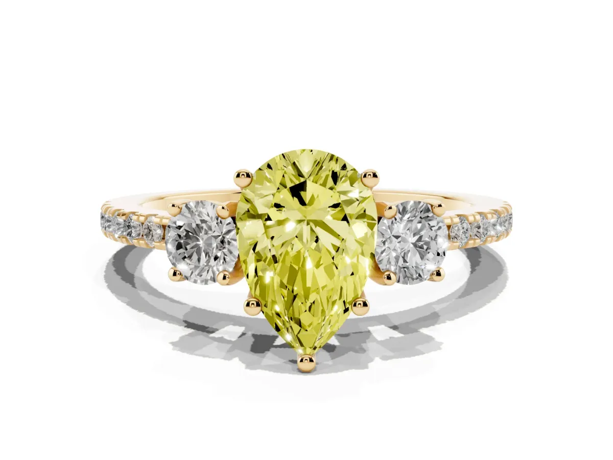Fancy Yellow Three-Stone Pear Cut Cut Diamond Pavé Band with Prong Setting Yellow gold