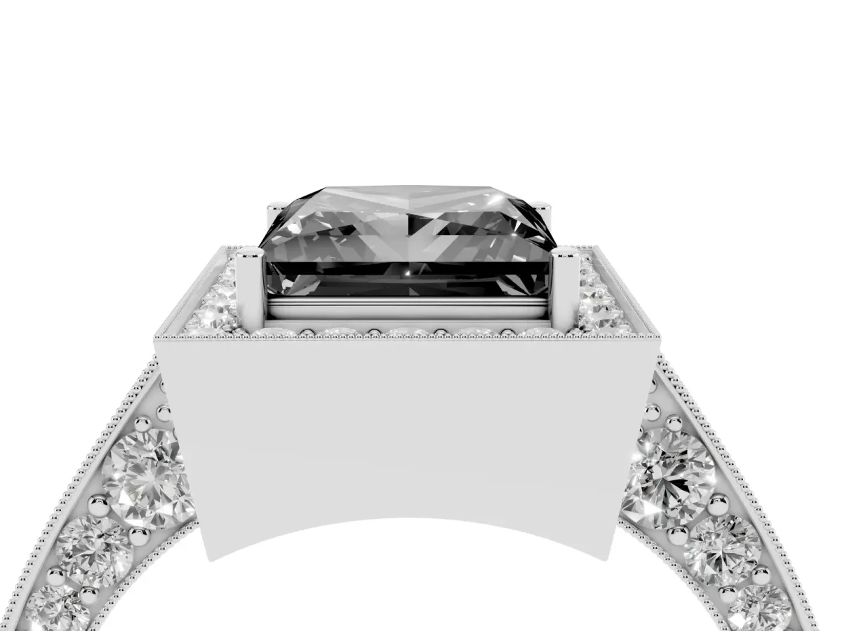 Fancy Black Princess Cut Halo Diamond Engagement Ring with Split Shank Band and Four-Prong Setting Silver