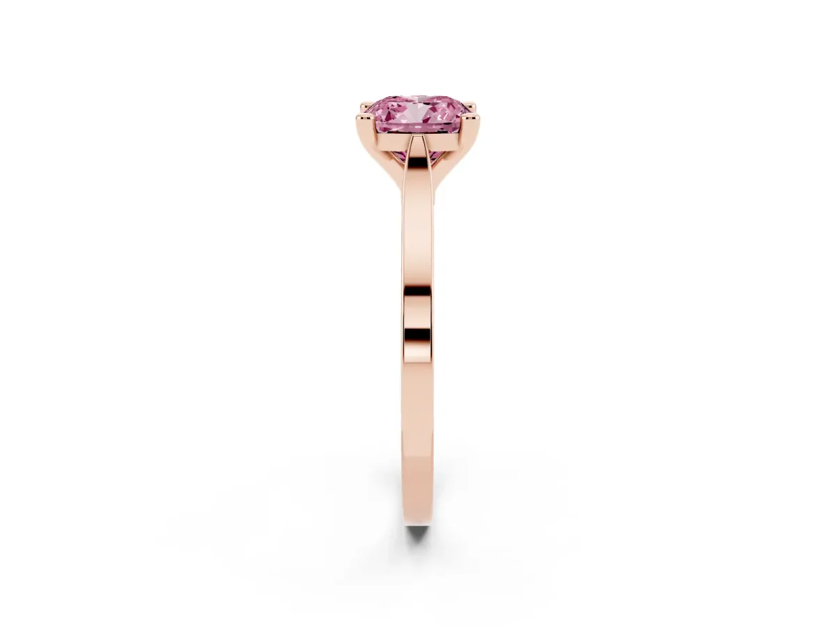 Fancy Pink Cushion Cut Solitaire Diamond Ring with Four-Prong Setting and Tapered Band Rose gold