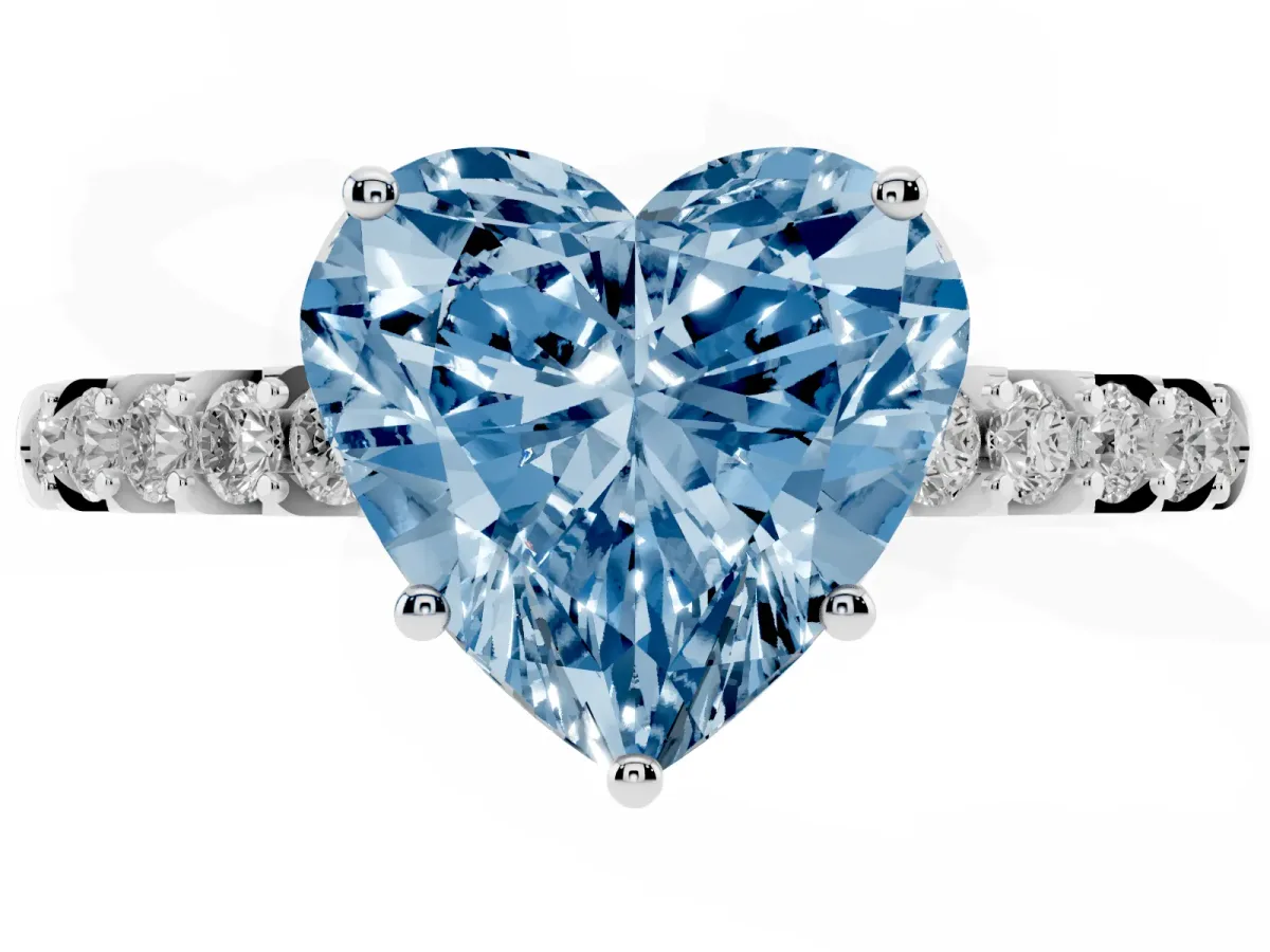 Fancy Blue Heart Cut Solitaire Diamond Engagement Ring with Pavé Band and Six-Prong Setting Silver