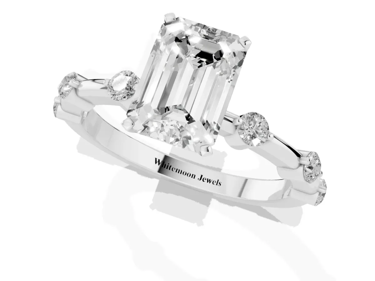 Emerald Cut Solitaire Diamond Ring with Bezel Set Side Stones and Prong Setting Platinum