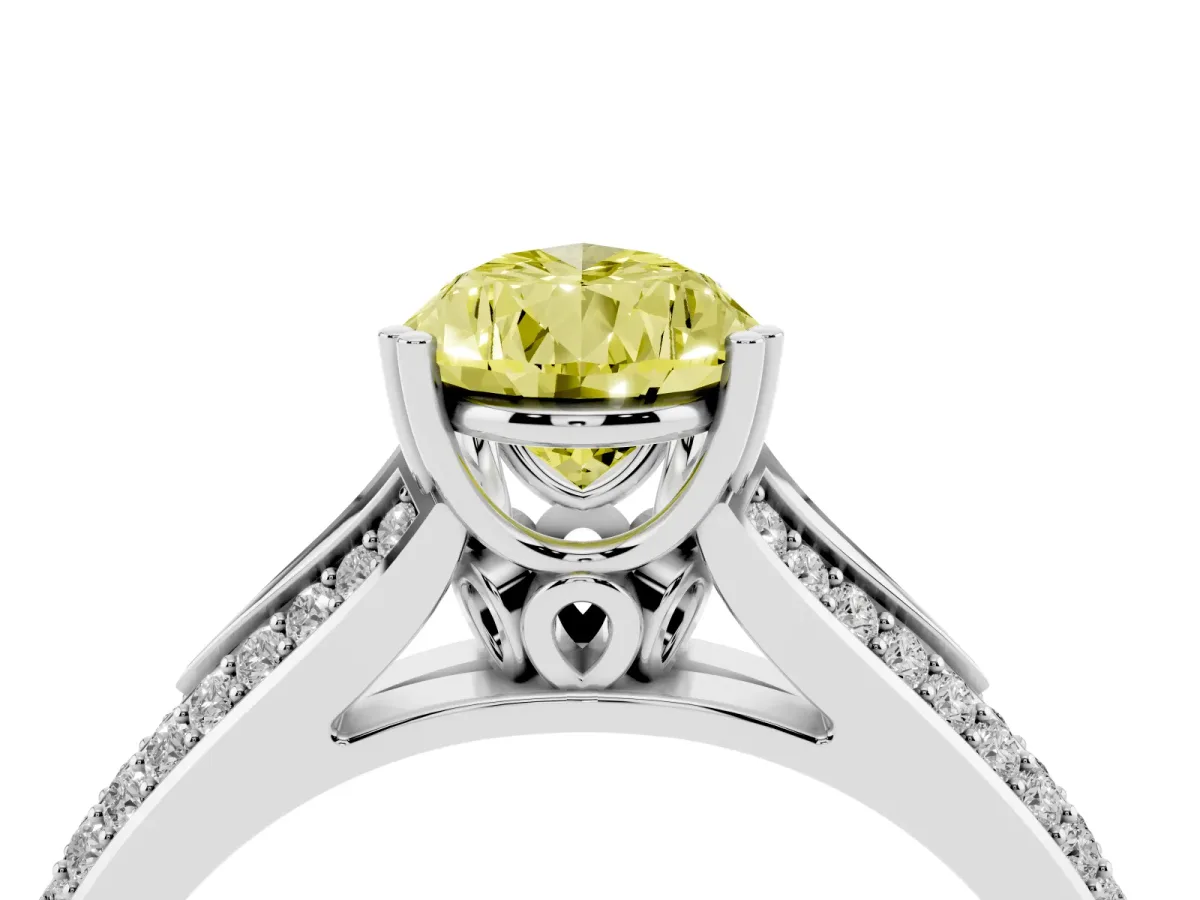 Fancy Yellow Pear Cut Diamond Split Shank Engagement Ring with Pavé Band Silver