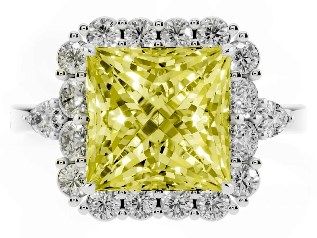 Fancy Yellow Princess Cut Diamond Halo Ring with Pear Side Stones and Prong Setting Silver