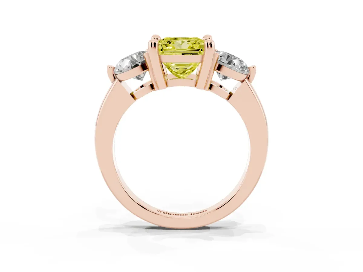 Fancy Yellow Three-Stone Princess Cut Brilliant Cut Solitaire Ring with Prong Setting on a Classic Band Rose gold