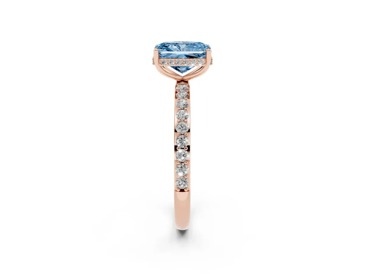 Fancy Blue Radiant Cut Diamond Solitaire Ring with Pavé Band and Hidden Halo Rose gold