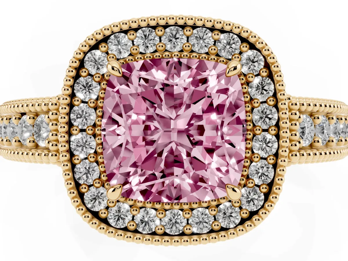 Fancy Pink Cushion Cut Cut Halo Diamond Ring with Pavé Band and Four-Prong Setting Yellow gold