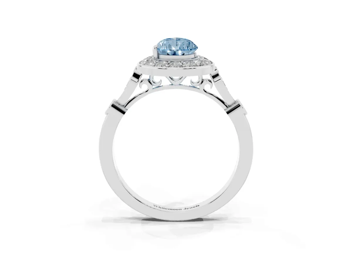 Fancy Blue Pear Cut Halo Diamond Engagement Ring with Twisted Band and Four-Prong Setting White gold
