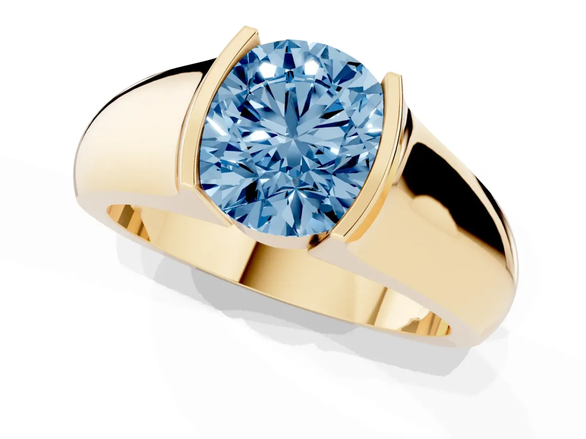 Fancy Blue Round Cut Solitaire Bezel Set Diamond Ring with Wide Band Yellow gold