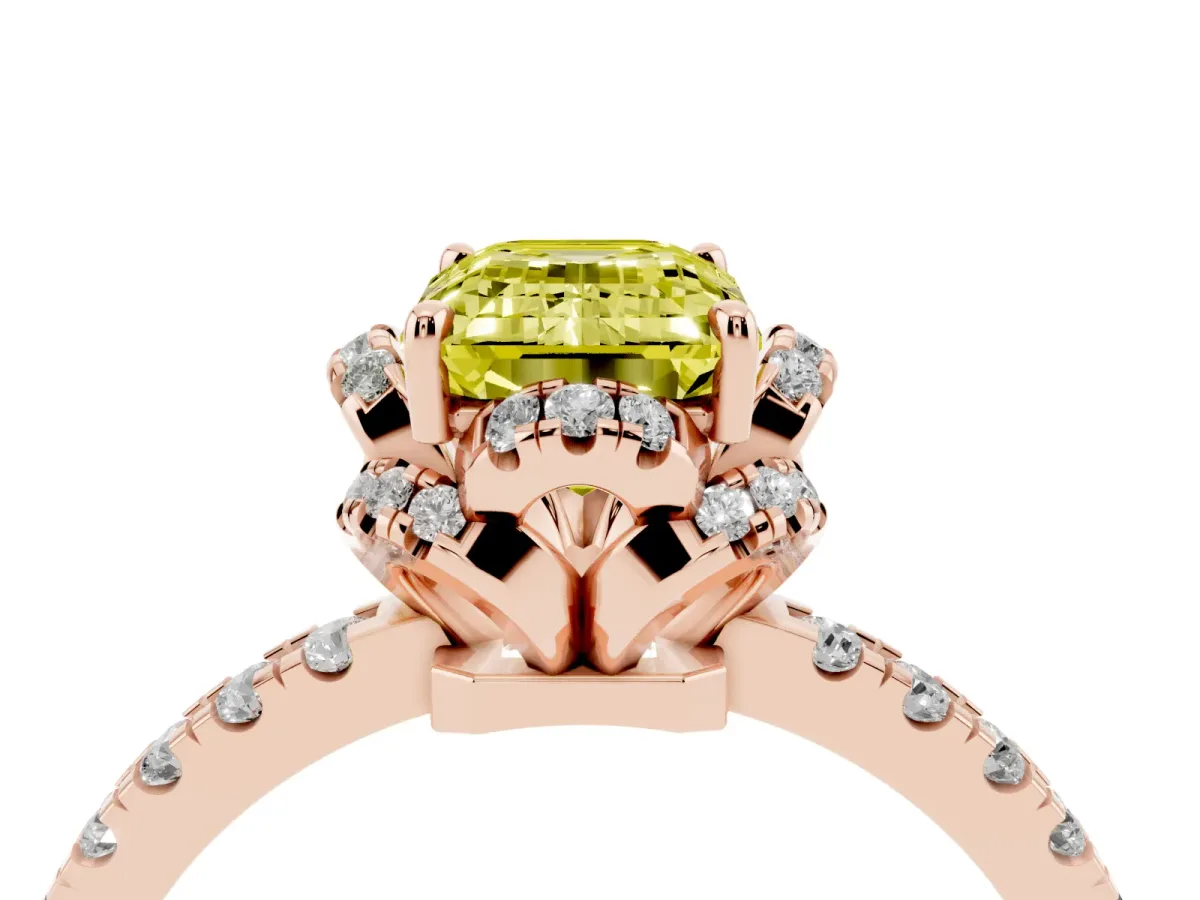 Fancy Yellow Emerald Cut Halo Diamond Pave Band Ring with Four-Prong Setting Rose gold