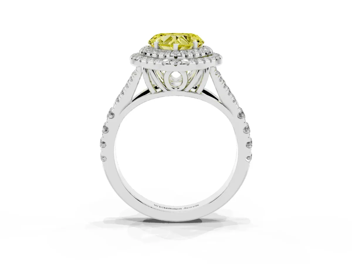 Fancy Yellow Heart Cut Cut Double Halo Split Shank Diamond Ring with Prong Setting Silver