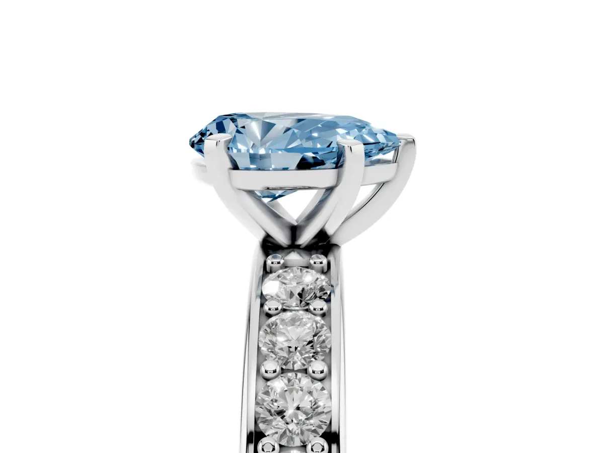 Fancy Blue Pear Cut Diamond Engagement Ring with Channel Set Round Band and Prong Setting Silver