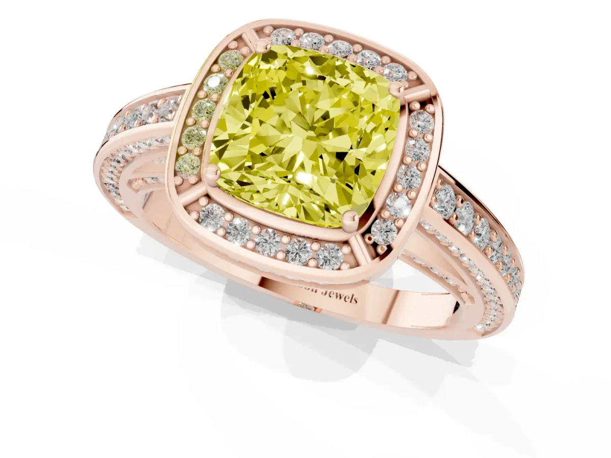 Fancy Yellow Cushion Cut Cut Halo Pave Split Shank Prong Setting Ring Rose gold