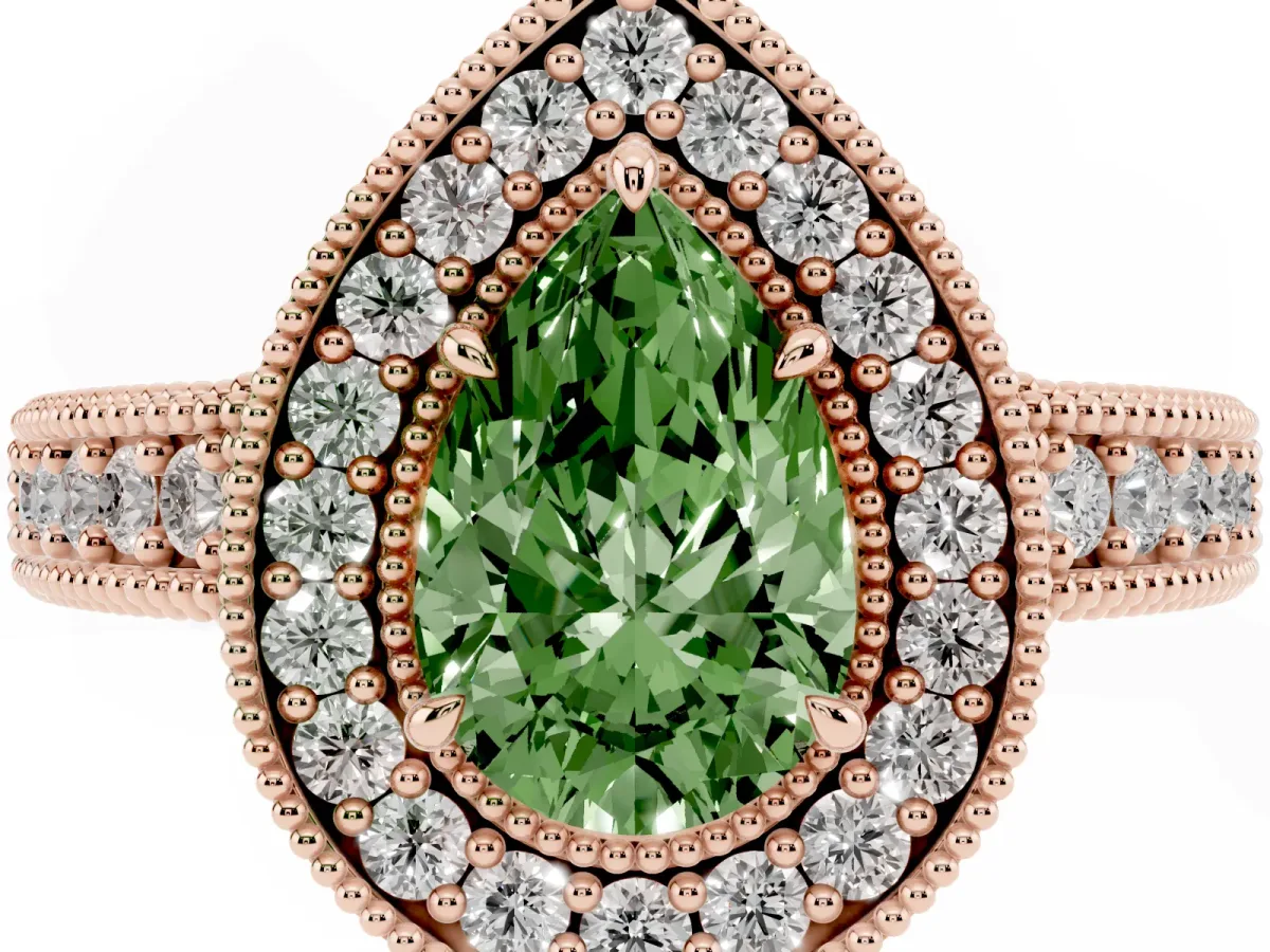 Fancy Green Pear Cut Cut Halo Diamond Ring with Pavé Band and Four-Prong Setting Rose gold