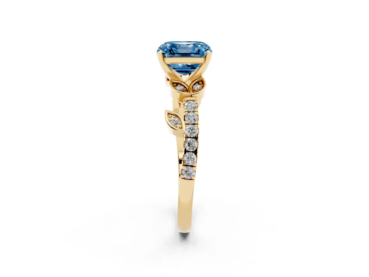 Fancy Blue Asscher Cut Solitaire Leaf-Inspired Diamond Ring with Pavé Band and Four-Prong Setting Yellow gold