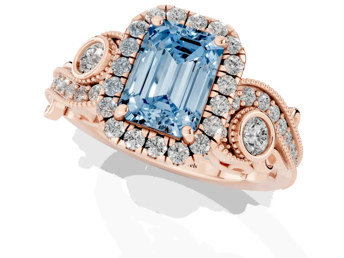Fancy Blue Emerald Cut Halo Diamond Ring with Milgrain and Bezel Accents on a Split Shank Band Rose gold