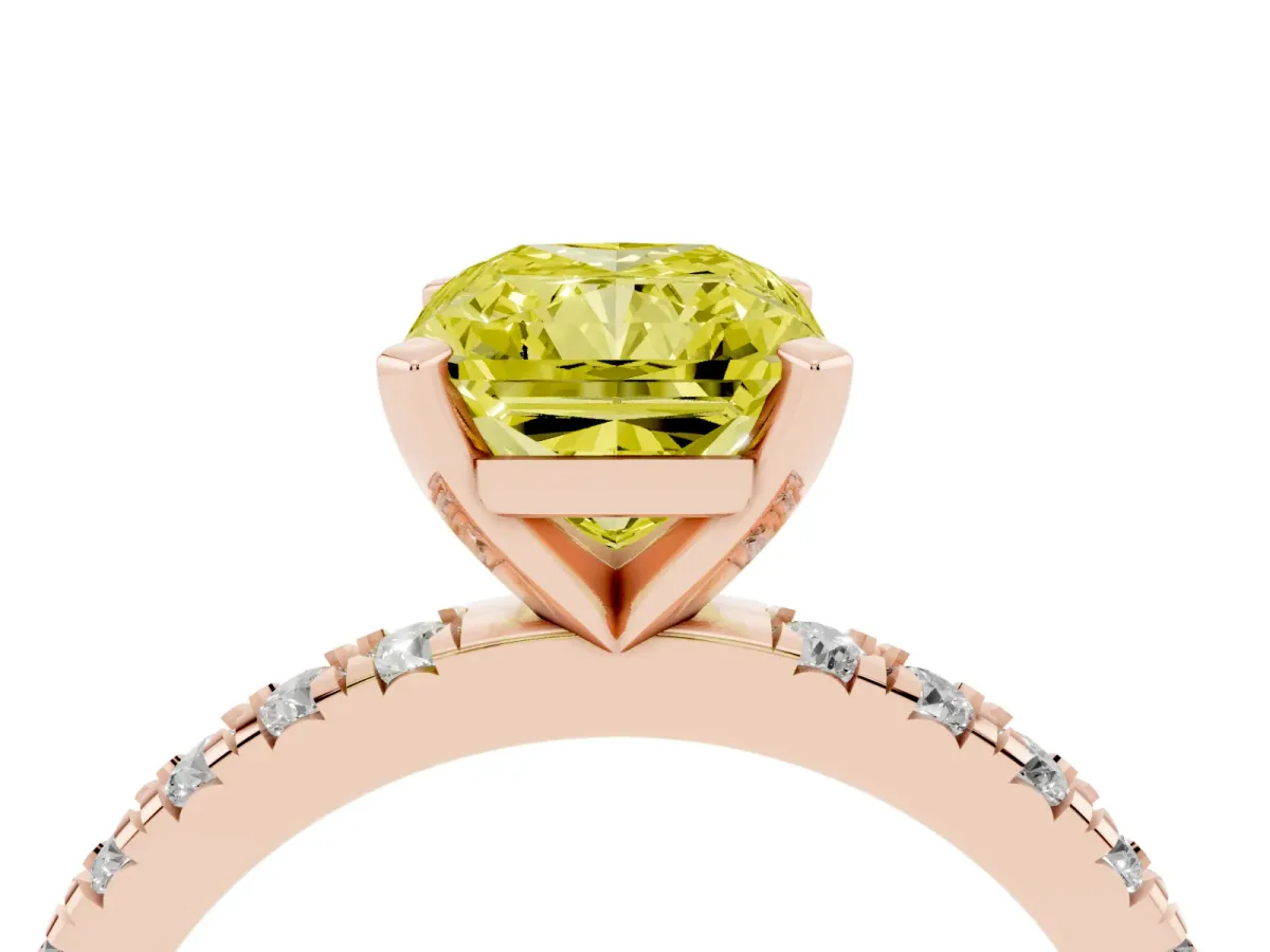 Fancy Yellow Radiant Cut Diamond Pavé Band Solitaire with Four-Prong Setting Rose gold