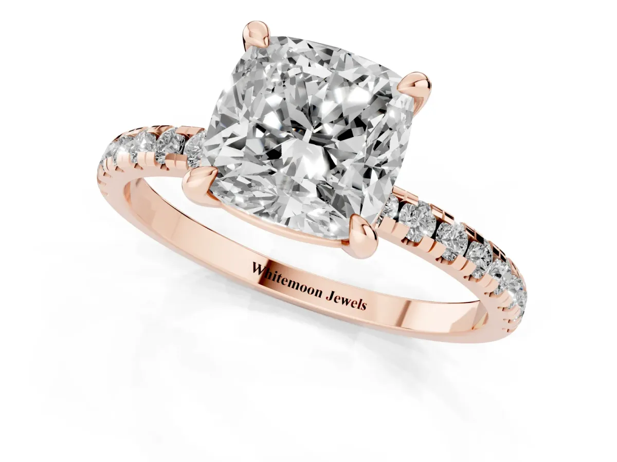 Cushion Cut Diamond Brilliant Solitaire Ring with Pavé Band and Four-Prong Setting Rose gold