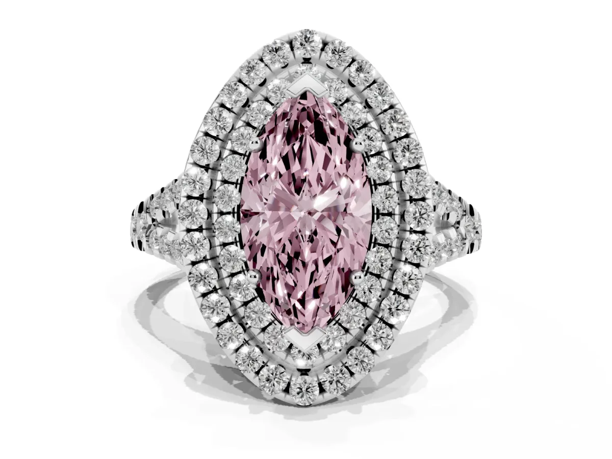 Fancy Pink Double Halo Marquise Cut Diamond Pavé Split Shank Ring with Prong Setting Platinum