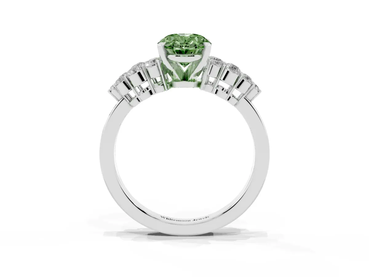 Fancy Green Oval Cut Cluster Diamond Engagement Ring with Pavé Band and Four-Prong Setting Platinum