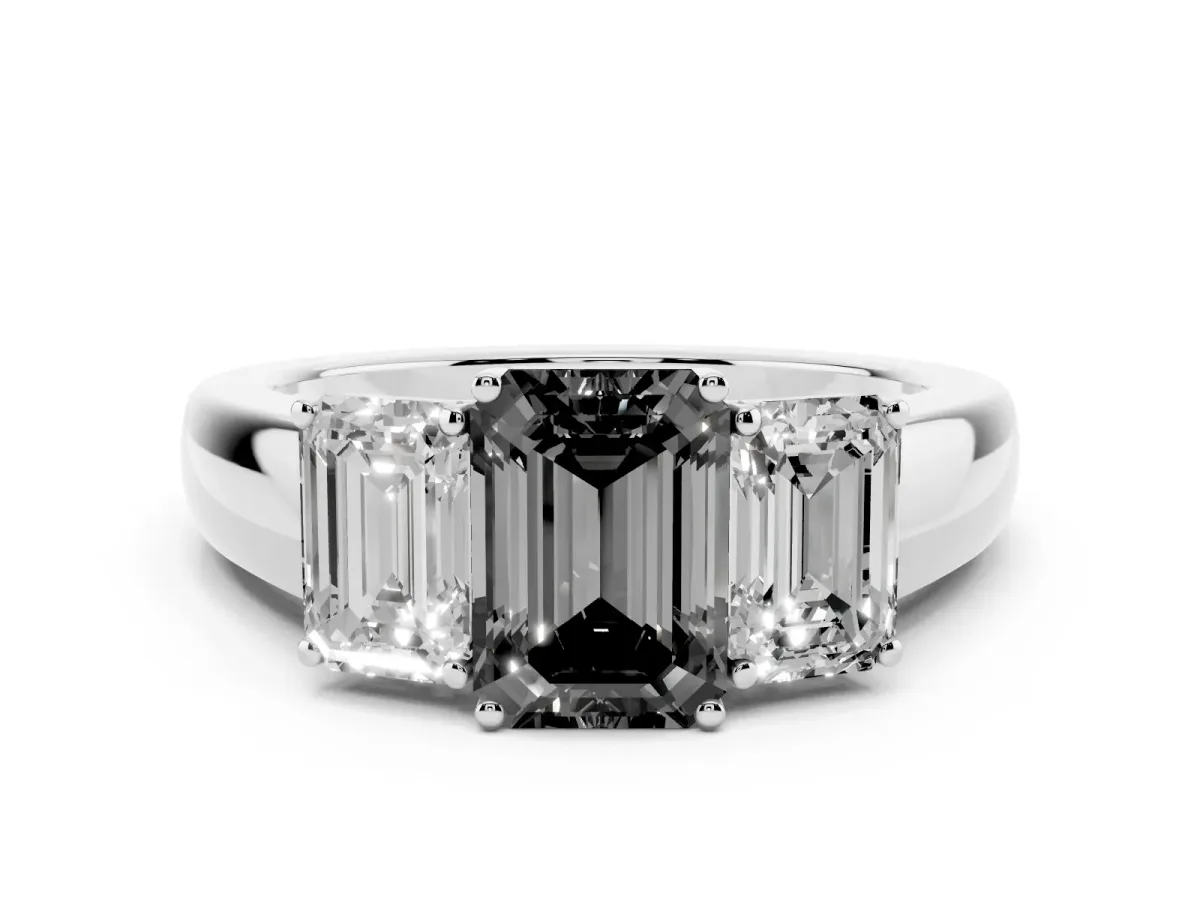 Fancy Black Three-Stone Emerald Cut Cut Diamond Ring with Prong Setting and Classic Band Silver
