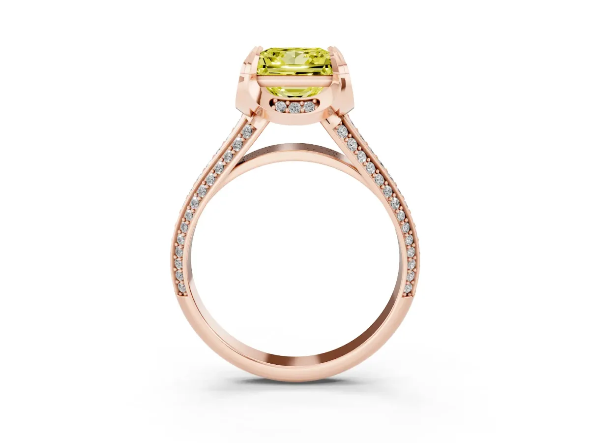 Fancy Yellow Princess Cut Solitaire Pave Split Shank Ring with Four-Prong Setting Rose gold