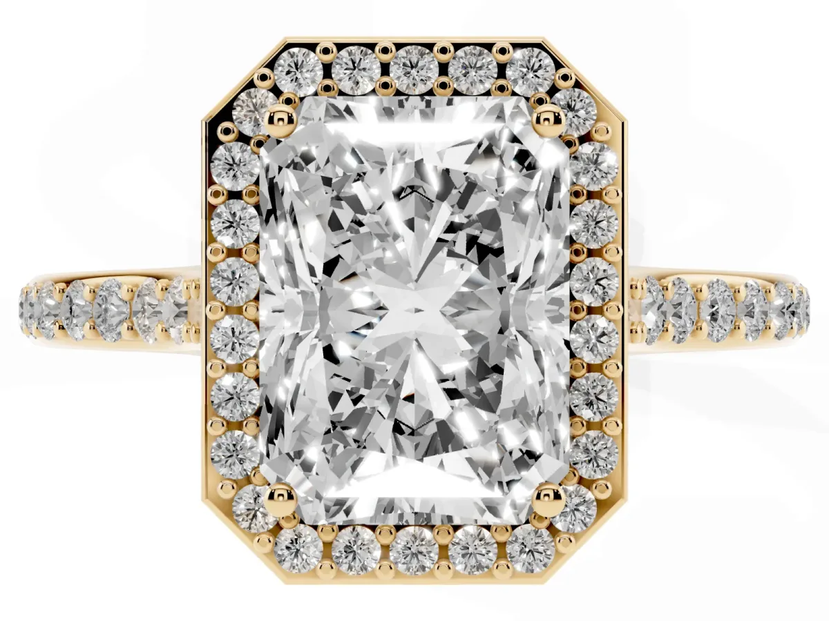 Radiant Cut Diamond Halo Engagement Ring with Round Pavé Shoulders and Prong Setting Yellow gold