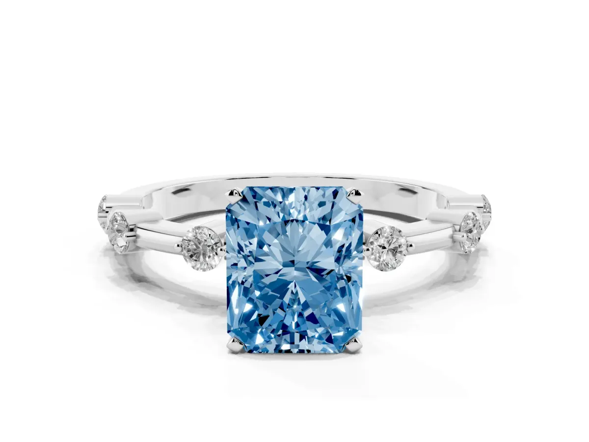 Fancy Blue Radiant Cut Solitaire Diamond Ring with Bezel Set Side Stones and Prong Setting Silver