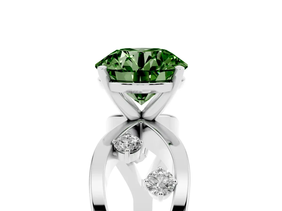 Fancy Green Round Cut Cut Solitaire Diamond with Side Stones on Criss-Cross Band and Four-Prong Setting Platinum