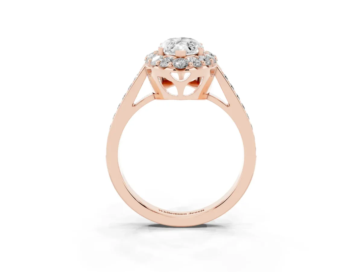 Marquise Cut Diamond Floral Halo Ring with Pavé Band and Prong Setting Rose gold