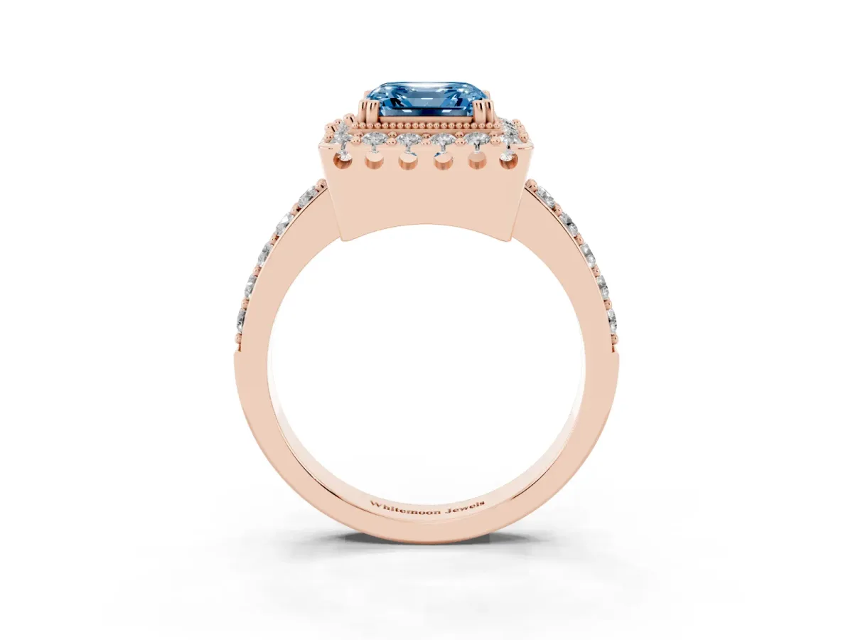Fancy Blue Asscher Cut Diamond Halo Ring with Pavé Band and Prong Setting Rose gold