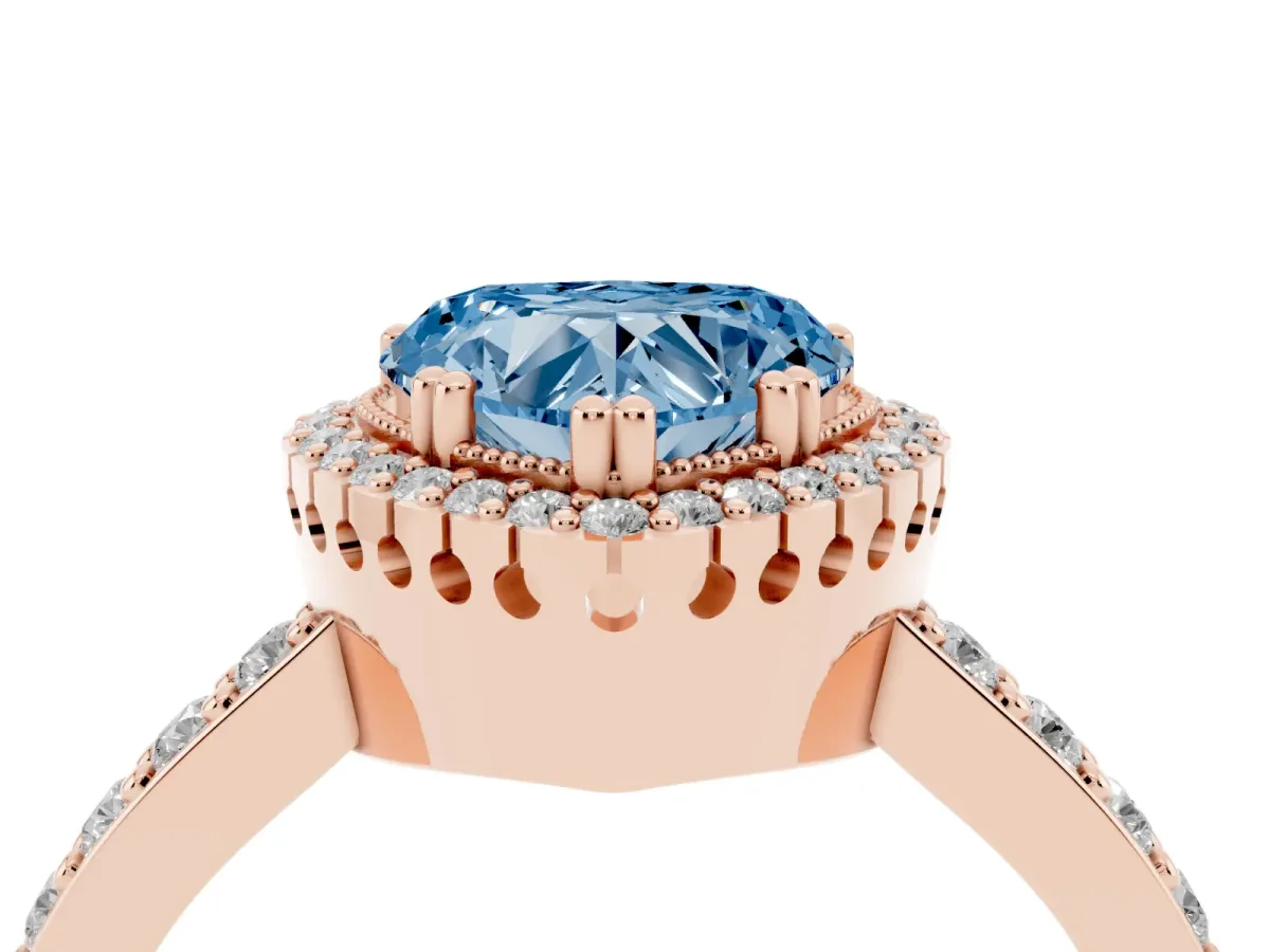 Fancy Blue Heart Cut Cut Diamond Halo Engagement Ring with Milgrain Detail and Pavé Band Rose gold