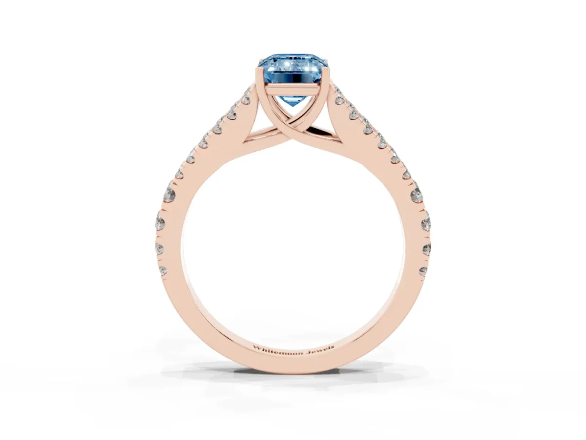 Fancy Blue Emerald Cut Diamond Split Shank Engagement Ring with Round Pavé and Prong Setting Rose gold