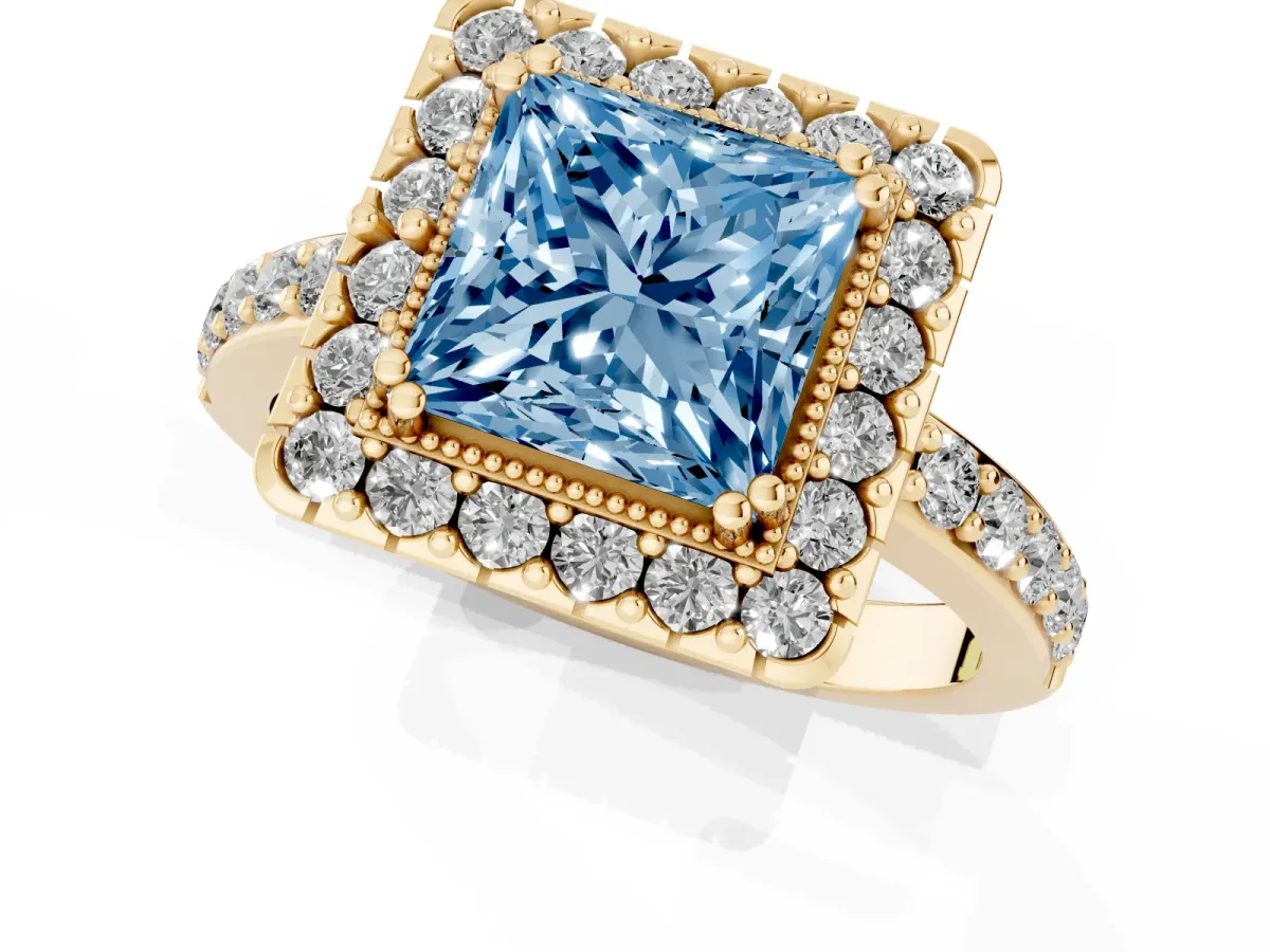 Fancy Blue Princess Cut Diamond Halo Ring with Pavé Band and Prong Setting Yellow gold