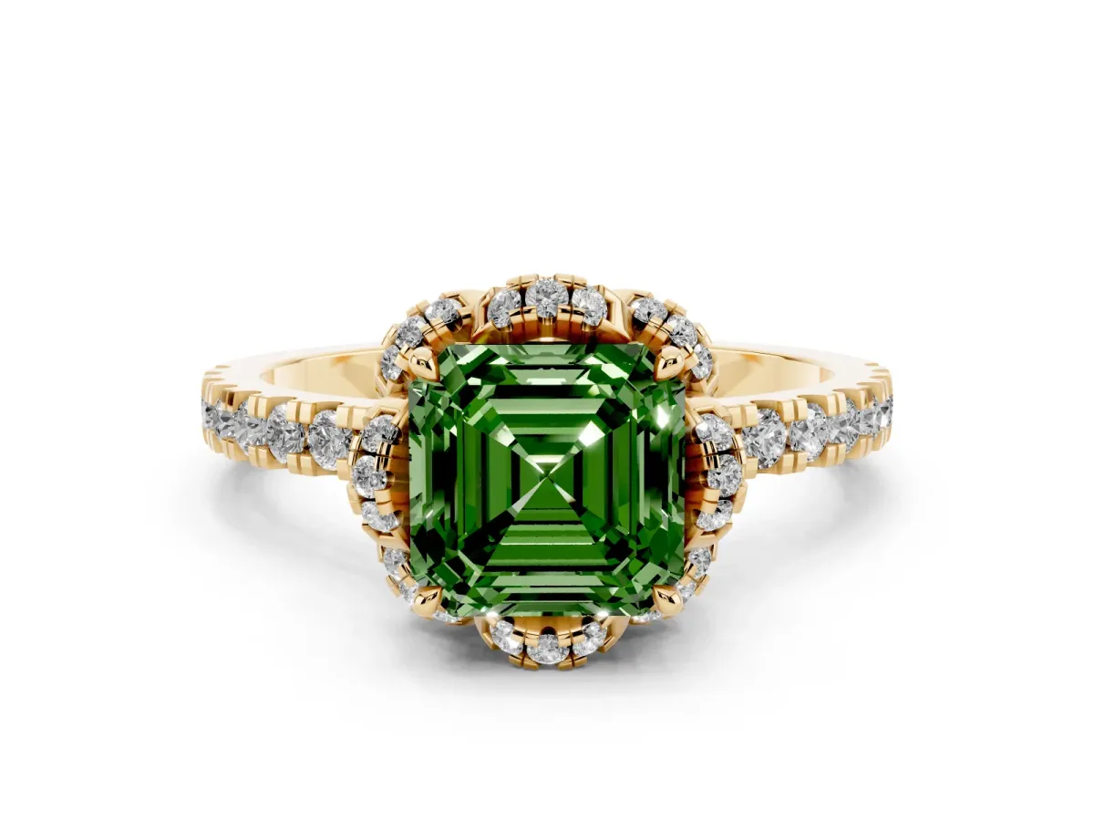 Fancy Green Asscher Cut Halo Diamond Pave Band Ring with Four-Prong Setting Yellow gold