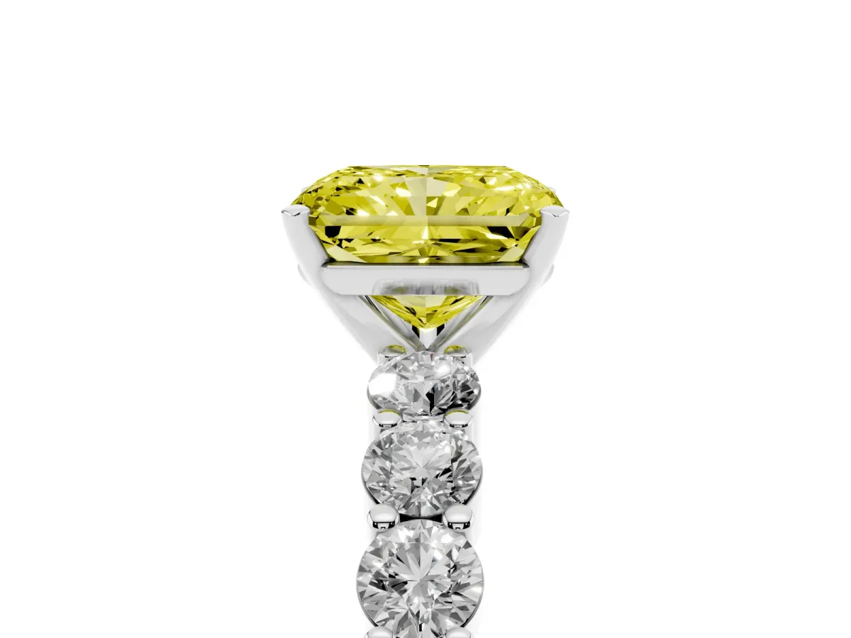 Fancy Yellow Radiant Cut Diamond Solitaire Ring with Shared Prong Round Side Stones Platinum