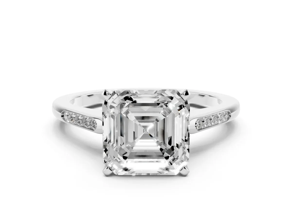 Asscher Cut Diamond Solitaire Ring with Channel Set Round Band and Prong Setting Silver