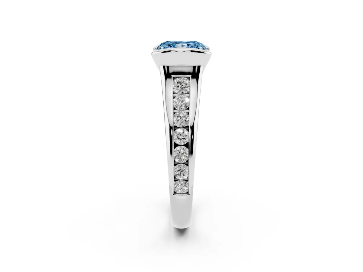 Fancy Blue Princess Cut Solitaire Bezel-Set Diamond Ring with Channel-Set Band Silver